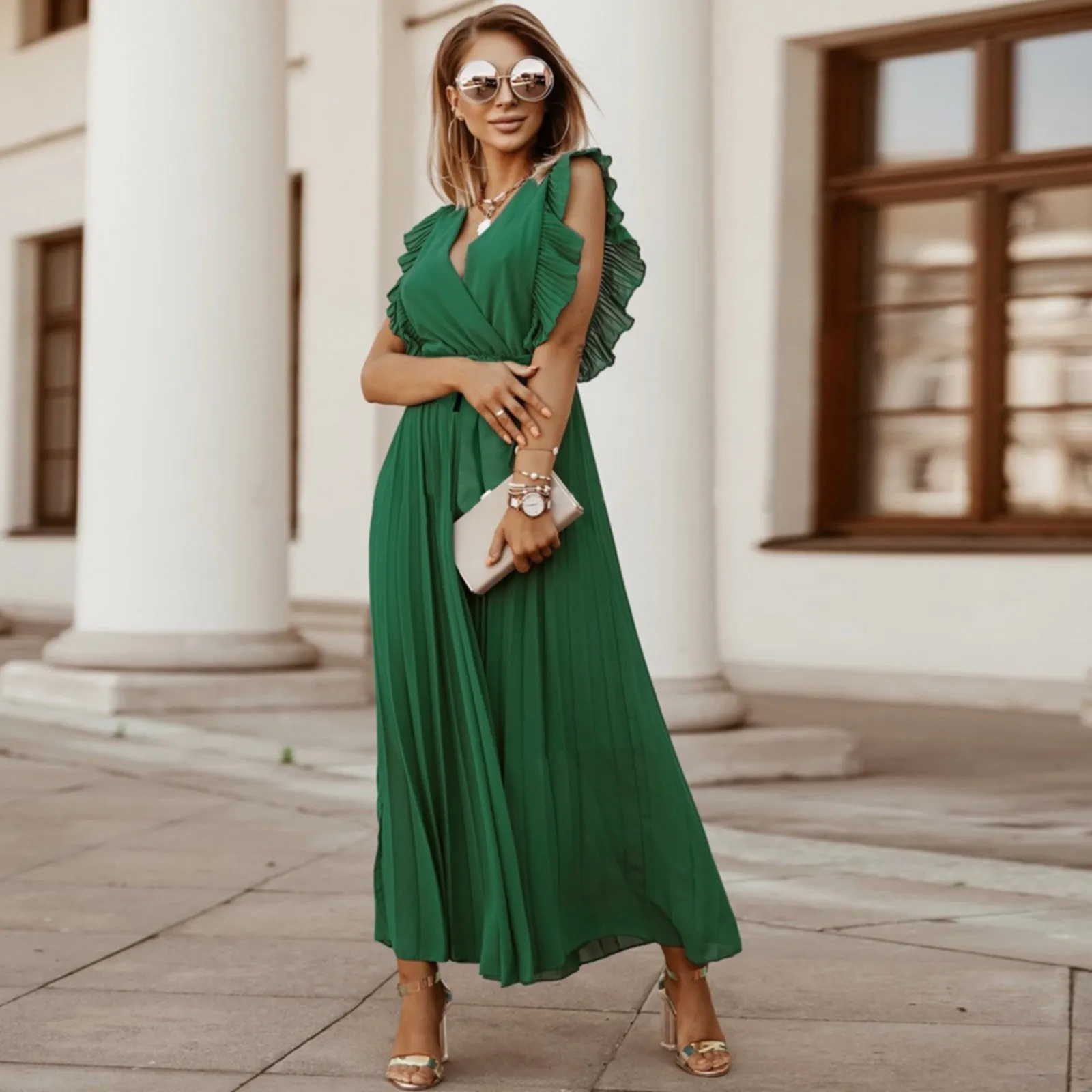 Women'S Summer Chiffon Dress Beach Belt Outfits Sexy V Neck Pleated Solid Long Dresses Vestidos Para Mujer Elegantes Y Bonitos