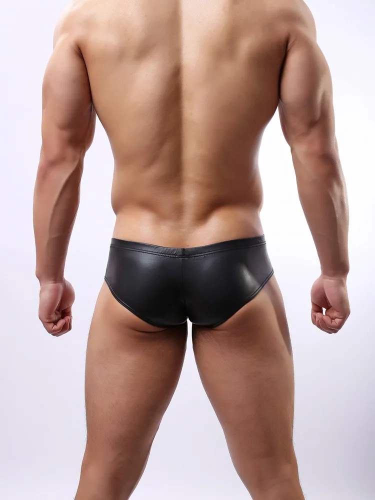 New Sexy Men's Black PU Faux Leather Underwear Thong Male Elastic Underpants T-back Metal Ring Decor Boxer Shorts Lingerie M-XL