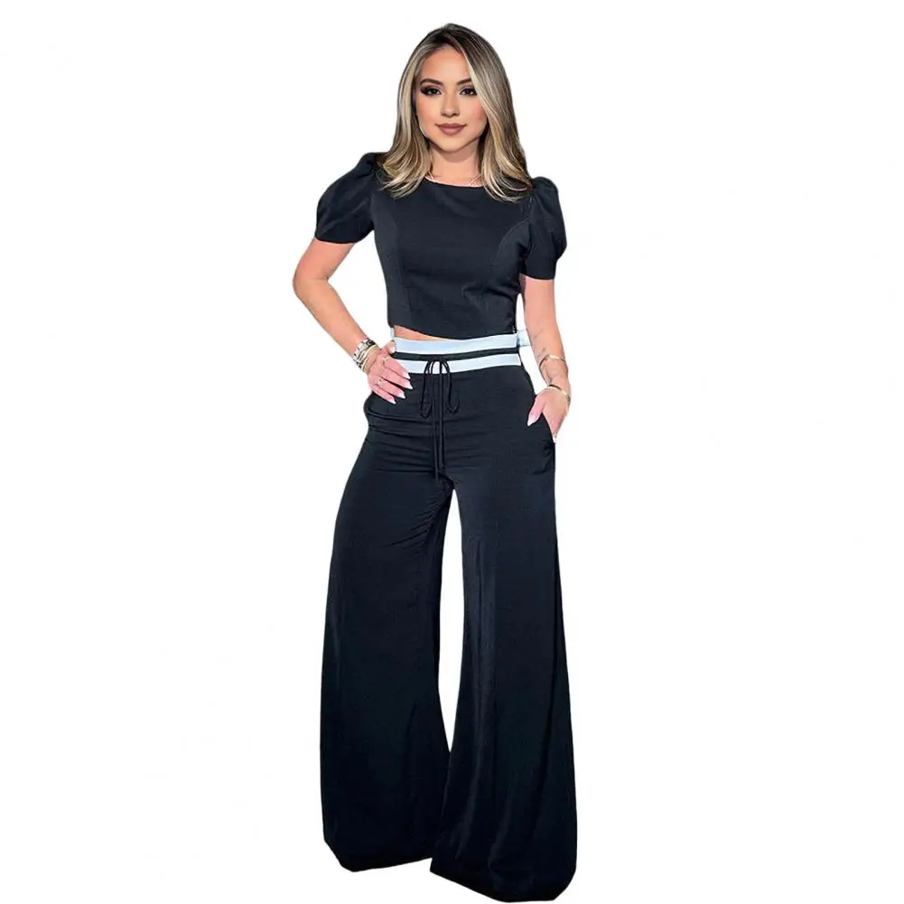 Damen Slim Fit Anzug stilvolle 2-teilige Damen Crop Top weites Bein Hosen Set für Büro kleidung tägliche Outfits Bubble Sleeve Top