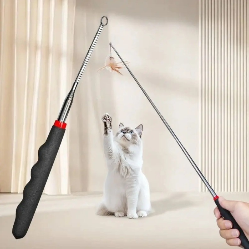  Durable Metal Retractable Teaser Cat Toy Plastic Retractable Cat Interactive Wand Long Wand Cat Interactive Stick Cat Playing 