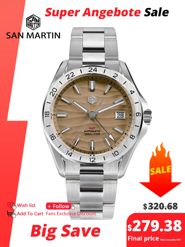 San Martin New 39mm Desert Texture Luxury Men Watch NH34 GMT Automatic Mechanical Business Dress Sapphire 10Bar Luminous SN0129