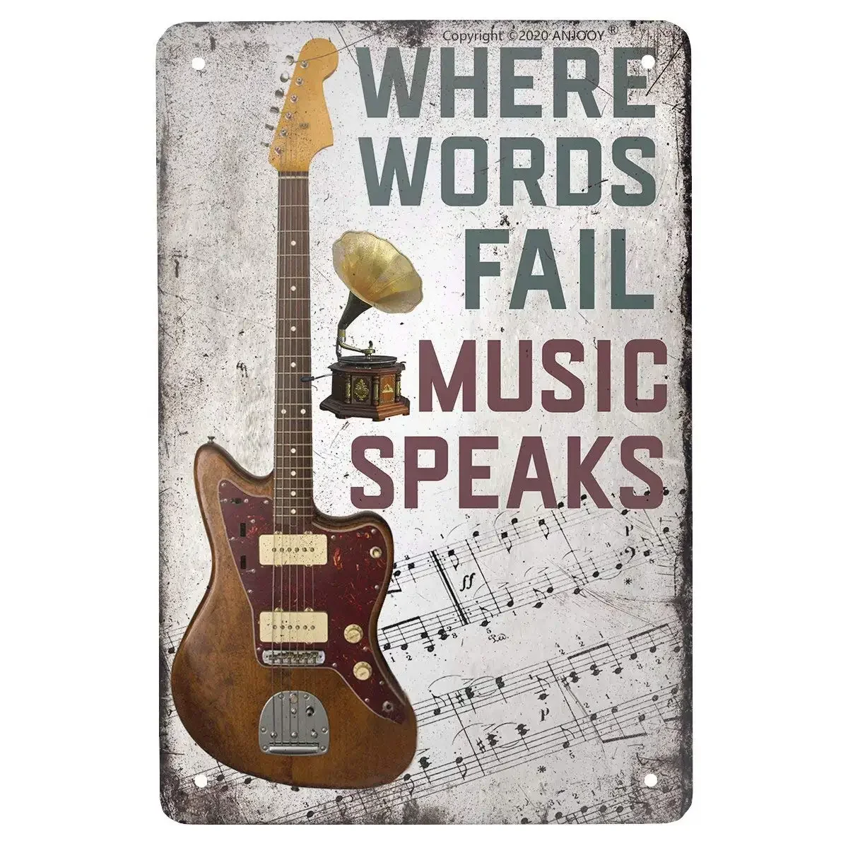 ANJOOY Vintage Metal Guitar Tin Sign - Where Words Fail Music Speaks -Musical Cafe Wall Kitchen Bathroo Poster Karaoke Retro Dec