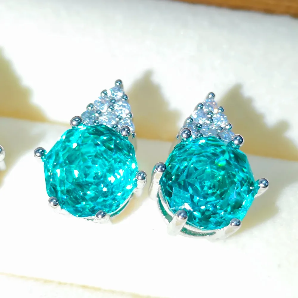 925 Sterling Silver Octagonal Millennium Rose Cut High Carbon Diamond Triangular Edge Paraiba Elegant Jewelry Stud Earrings