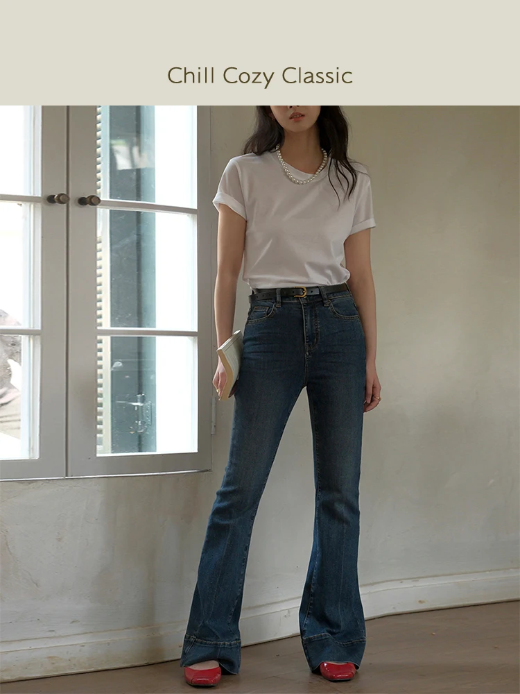 

ChillCozy Slim Fit High Waist Bell Bot Denim Jeans Women's Spring Autumn High Elastici Patchwork Bamboo Fiber Jeans