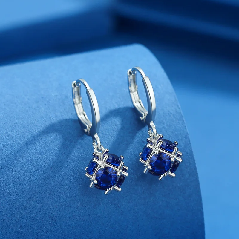 Female Small Round Ball Pendant Earring Royal Blue Stone Zircon Hoop Earrings For Women Classic Silver Color Wedding Ear Jewelry