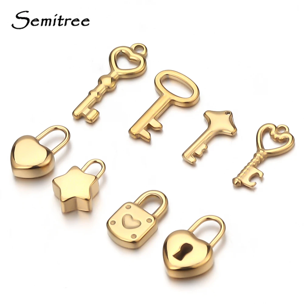 5pcs Stainless Steel Gold Color Key Lock Charms Couple Pendants DIY Lovers Necklace Accessories Hip Hop Bracelet Jewelry Makings