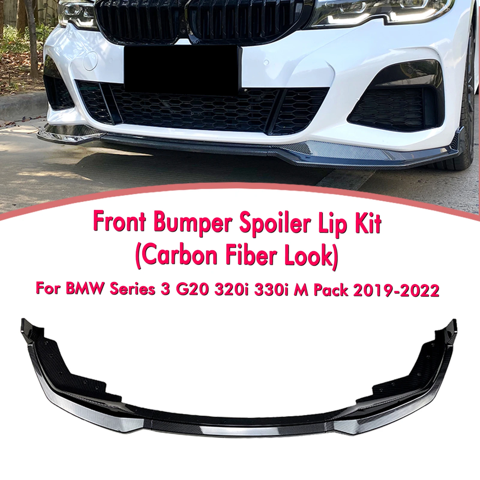 

For BMW Series 3 G20 320i 330i M Pack 2019-2022 Front Bumper Spoiler Lip Carbon Fiber Look/Gloss Black Lower Splitter Protector