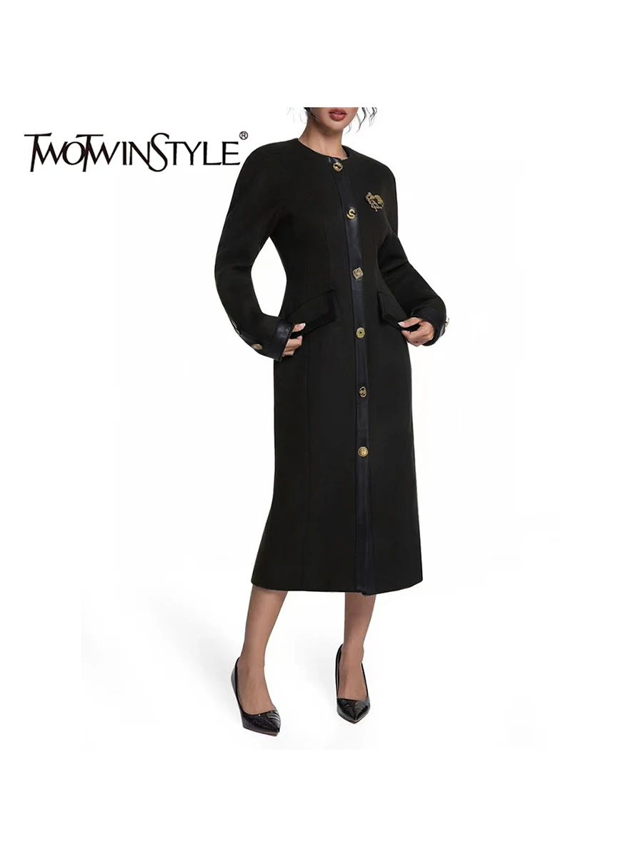 

TWOTWINSTYLE однотонные сращенные однобортные модные куртки для женщин, темпераментная куртка с круглым вырезом и длинными рукавами, женская одежда