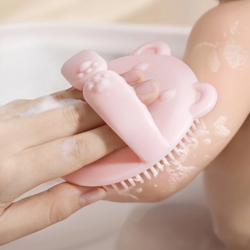 Spazzola da bagno per massaggiatore per cuoio capelluto in silicone morbido da 1 pezzo Spazzola per capelli infantile con orsetto simpatico cartone animato con setole in silicone