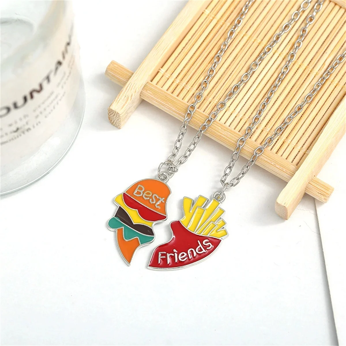 2Pcs Burger Fries Necklace for Best Friends Cute Love Stitching Pendant Creative Metal Heart Jewelry Birthday Party Gifts 2025