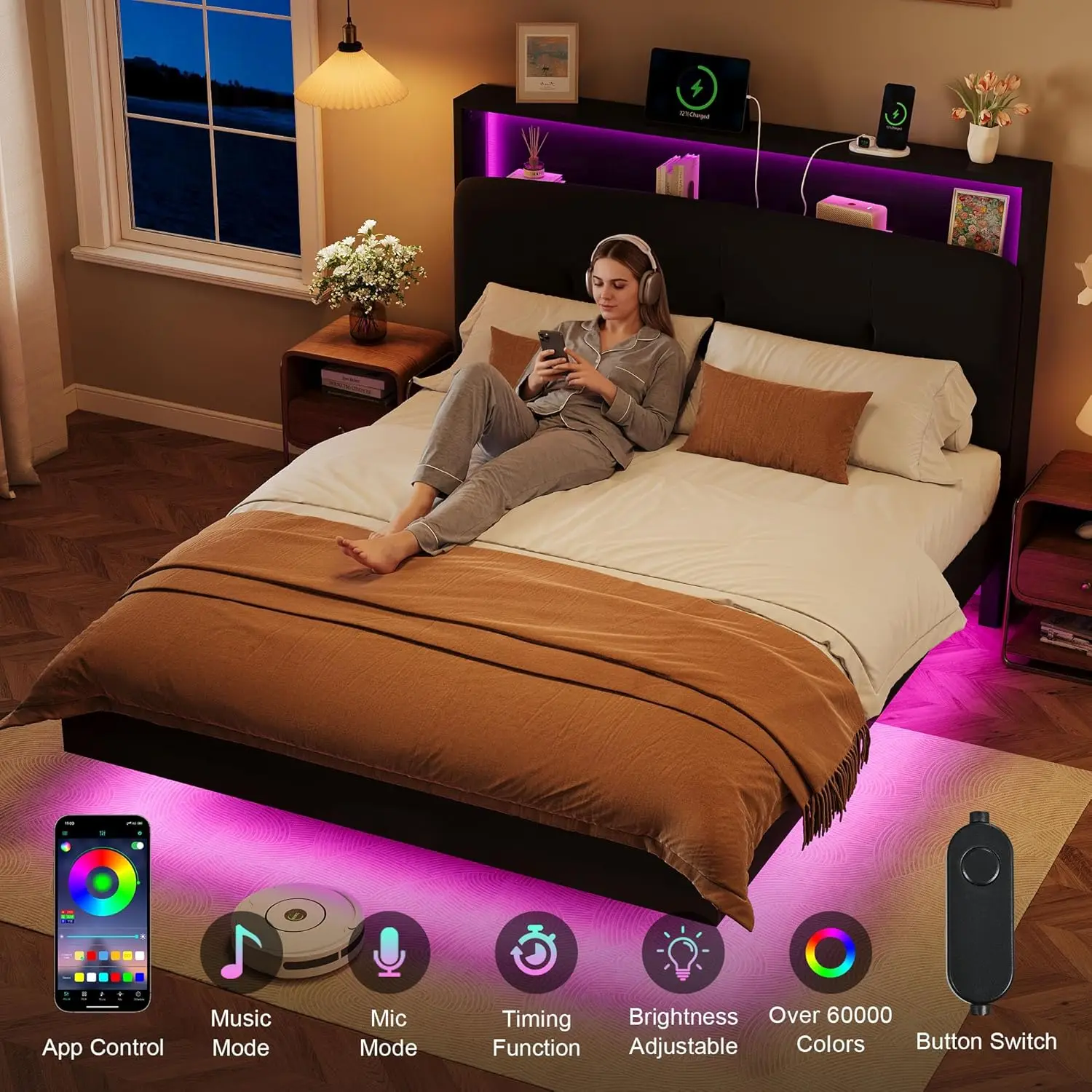 Floating Beds Frame Queen with Charging Station & Led Light, Wooden Queen Platform Bed Frames W/Upholstered Storage, Customized view 3