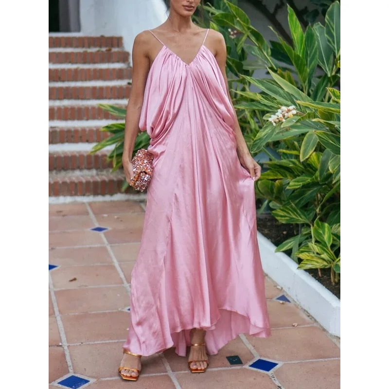 Robe longue en Satin rose élégante, dos nu, décolleté en V profond, bretelles Spaghetti, robe de soirée d'été Chic, drapée, adaptée aux Occasions formelles