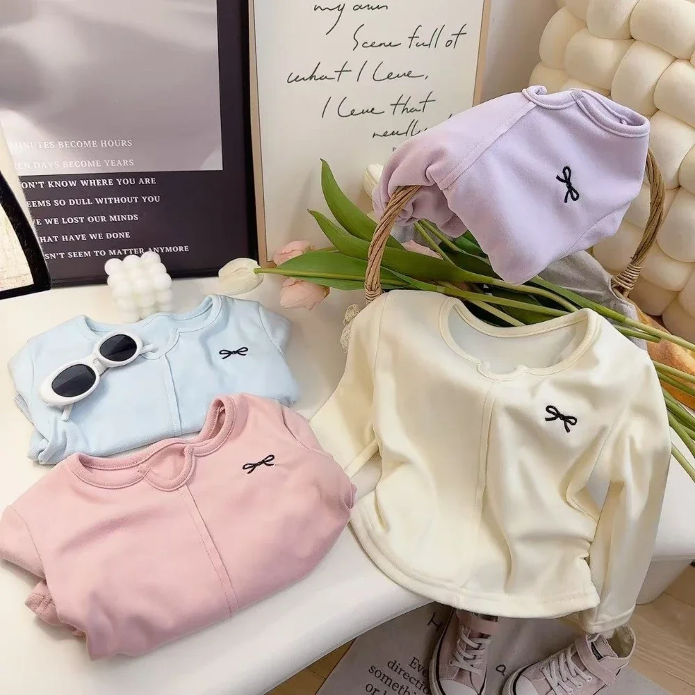 Spring and Autumn New Bow Printed Children's Bottom Shirt 2-7 Years Old Sweet and Cute Pink Girl's Long Sleeve Top