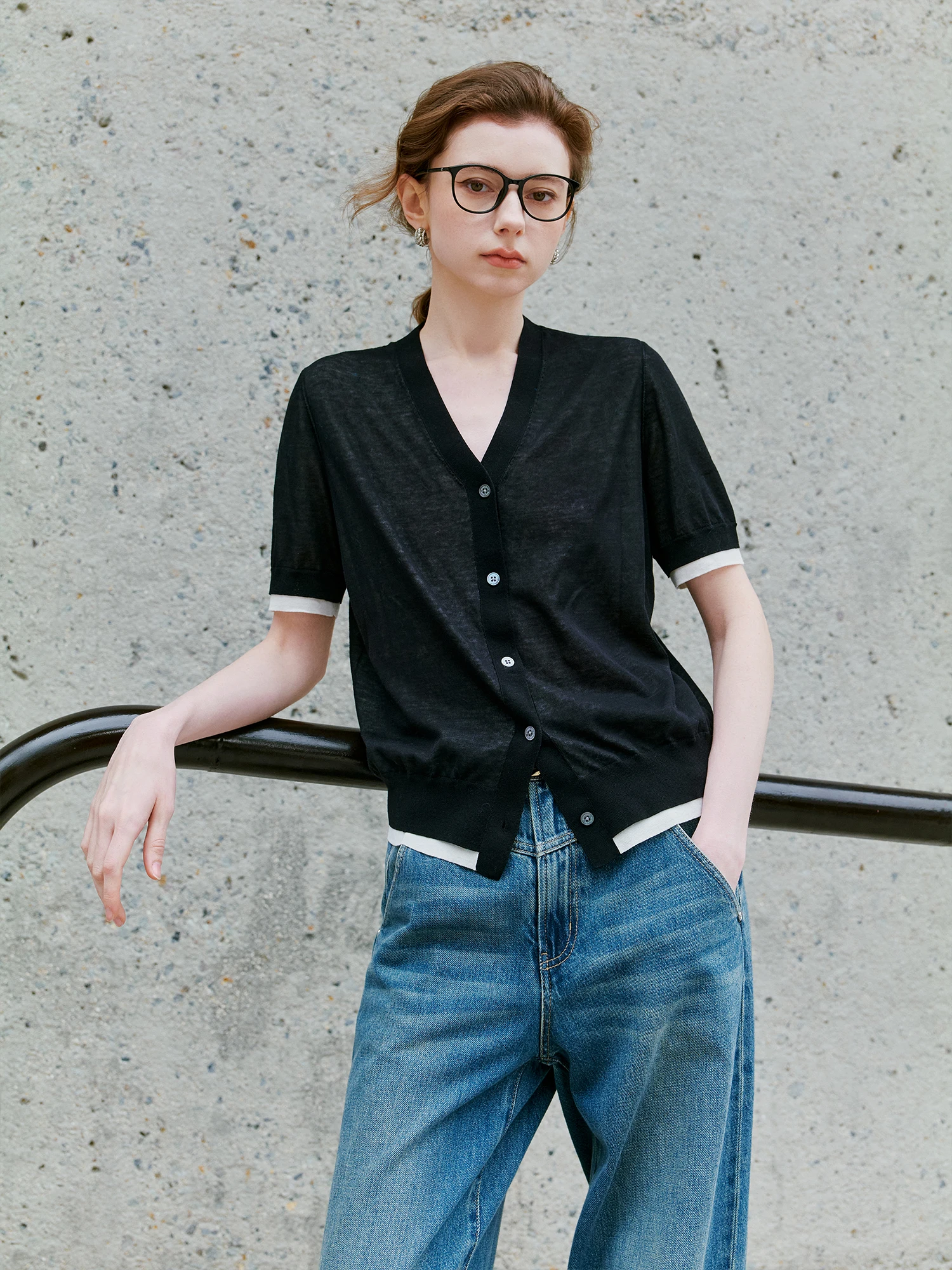 

Affinity Knitted Cotton Blend Breathable 0 Pressure Double Layer Meleria Cardigan Short Sleeve V Neck Button up Women's Knitwear