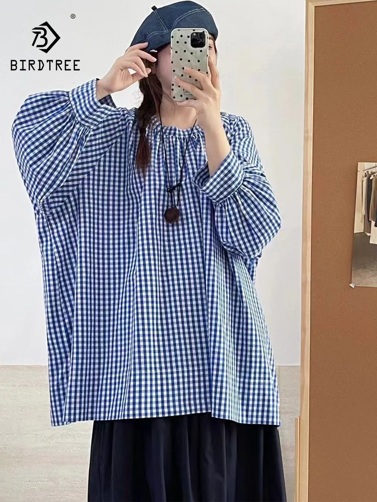 

Новая женская хлопковая блузка с рукавами-фонариками, весна 2026, женская блузка с круглым вырезом в клетку, в стиле Mori Girl, ретро, повседневная, свободная, средней длины, T61450CC