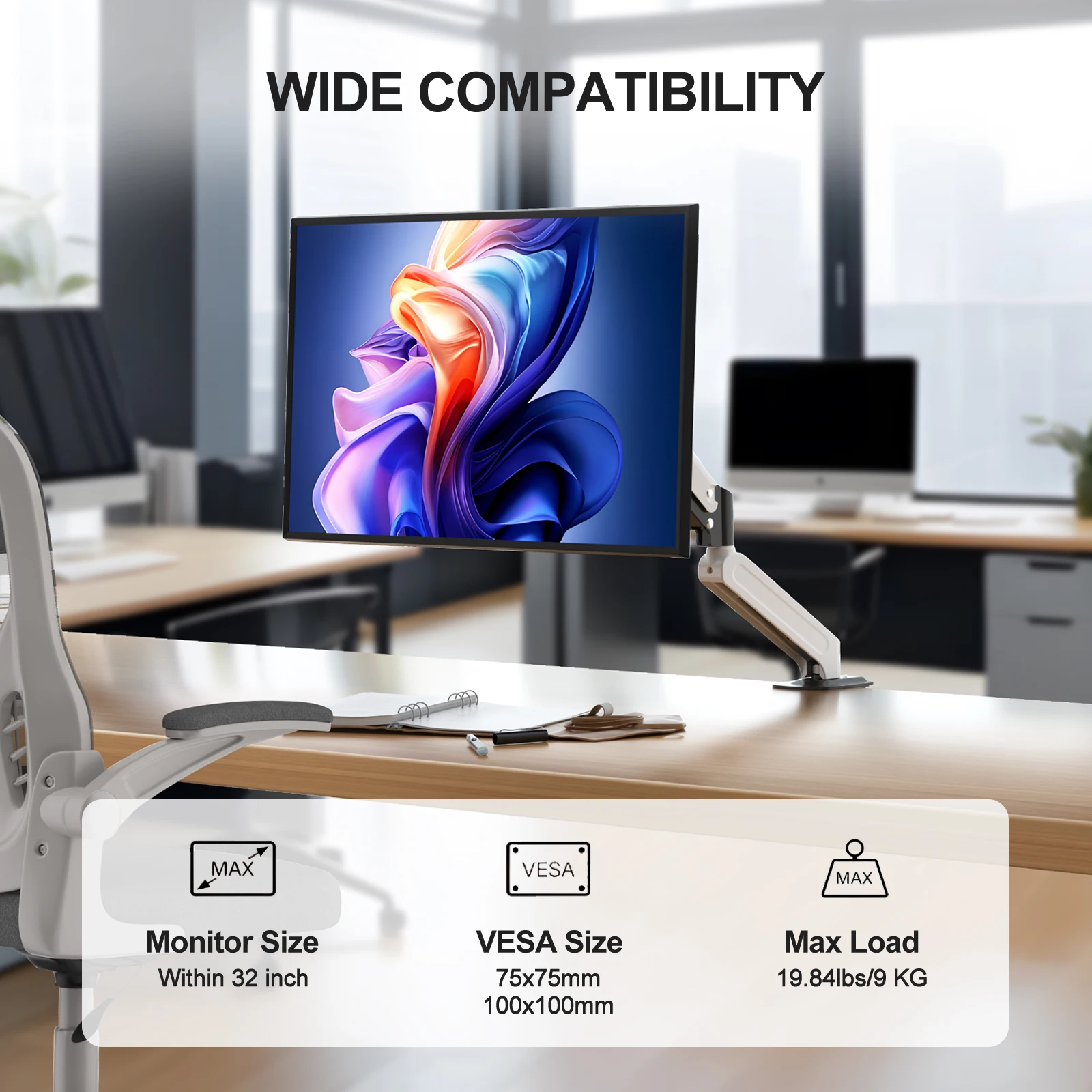 MT-VIKI Single Monitor Arm, 13 to 32 Inch Gas Spring Monitor Arm, Adjustable Stand, 180° swivel, and 90° rotation