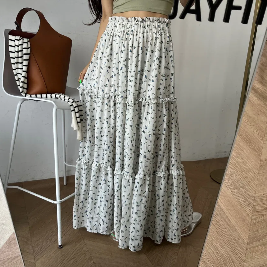 Long Skirt Women Floral Skirt 2024 Mori Girl Style Sring Summer Lolita High Waisted High Low Ruched Ruffle Pleated Skirts rok