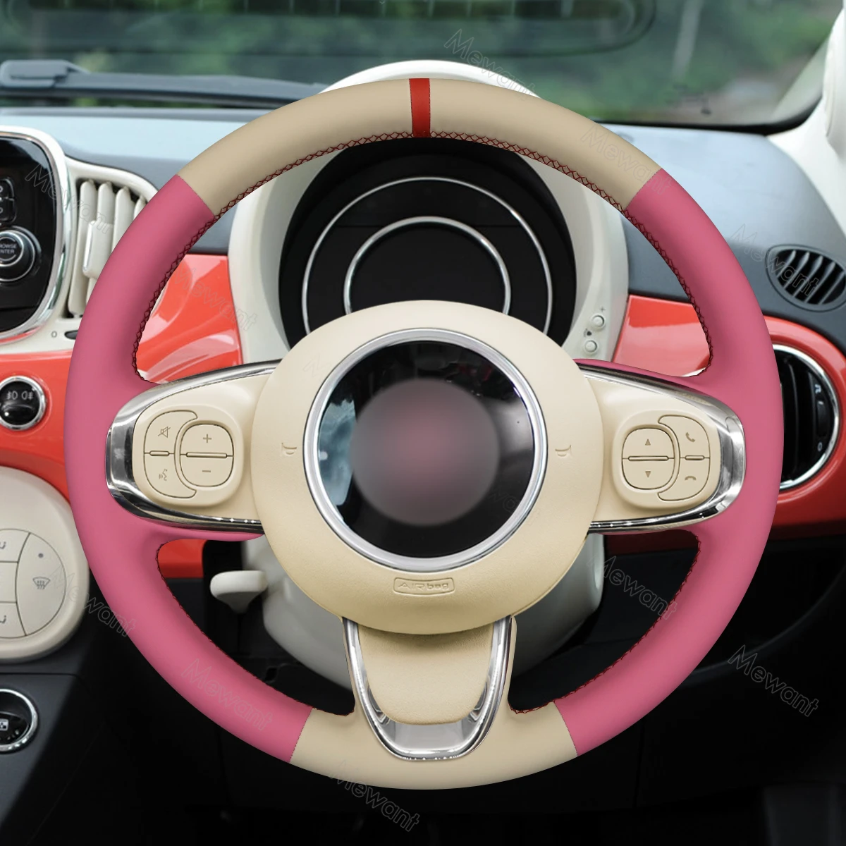 MEWANT Black Artificial Leather Steering Wheel Cover for Fiat 500 2015-2021 500C 2016 2017 2018 2019 2020-2021 Car Accsesories