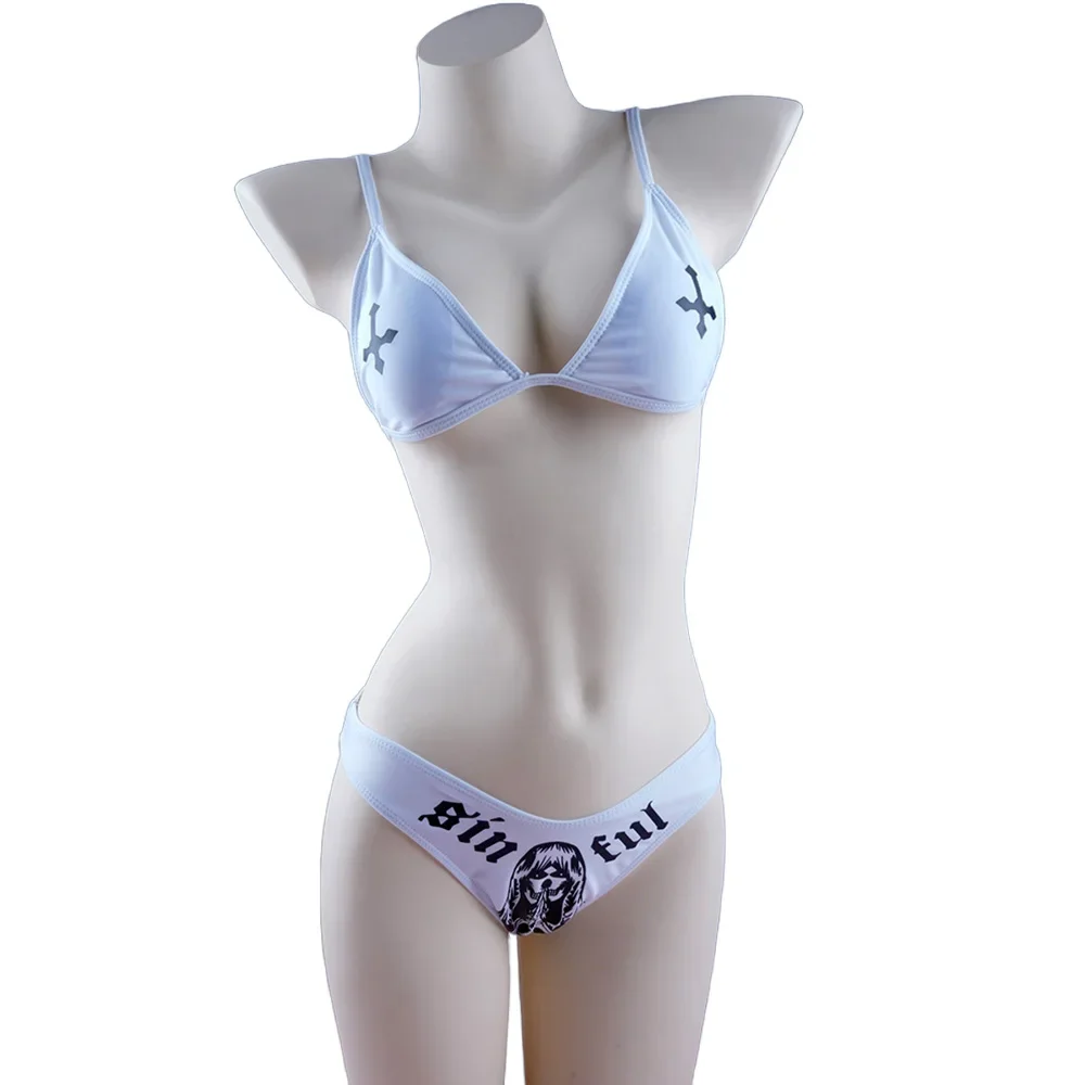 

Sexy Gothic Bikini 2025 Women Skeleton Cross Print White Swimsuit Split Bathing Suit Low Waist Y2K Bikinis Sets Beach Swimwear