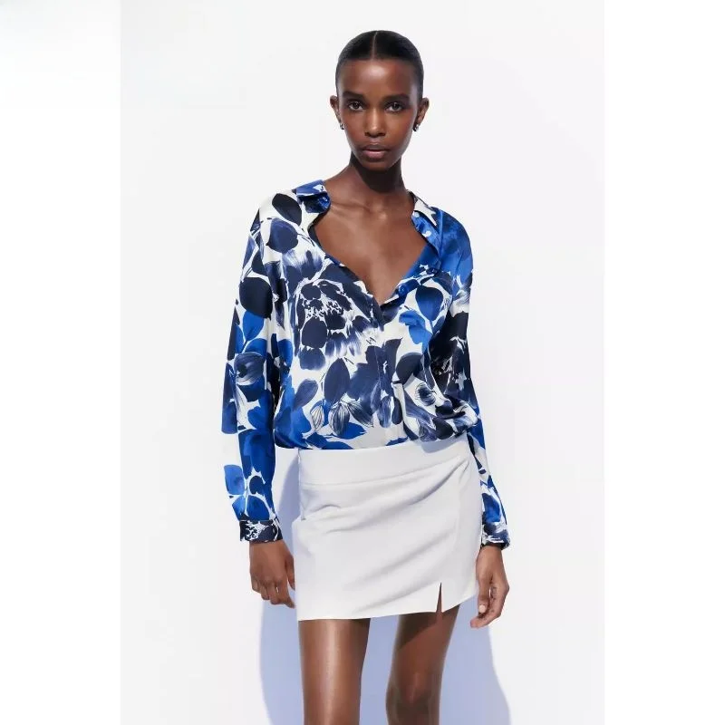 

Spring 2024 Women's Fashionable Floral Print Shirt Versatile Style Polyester Long Sleeve Square Collar Regular Fit Casual Shirt