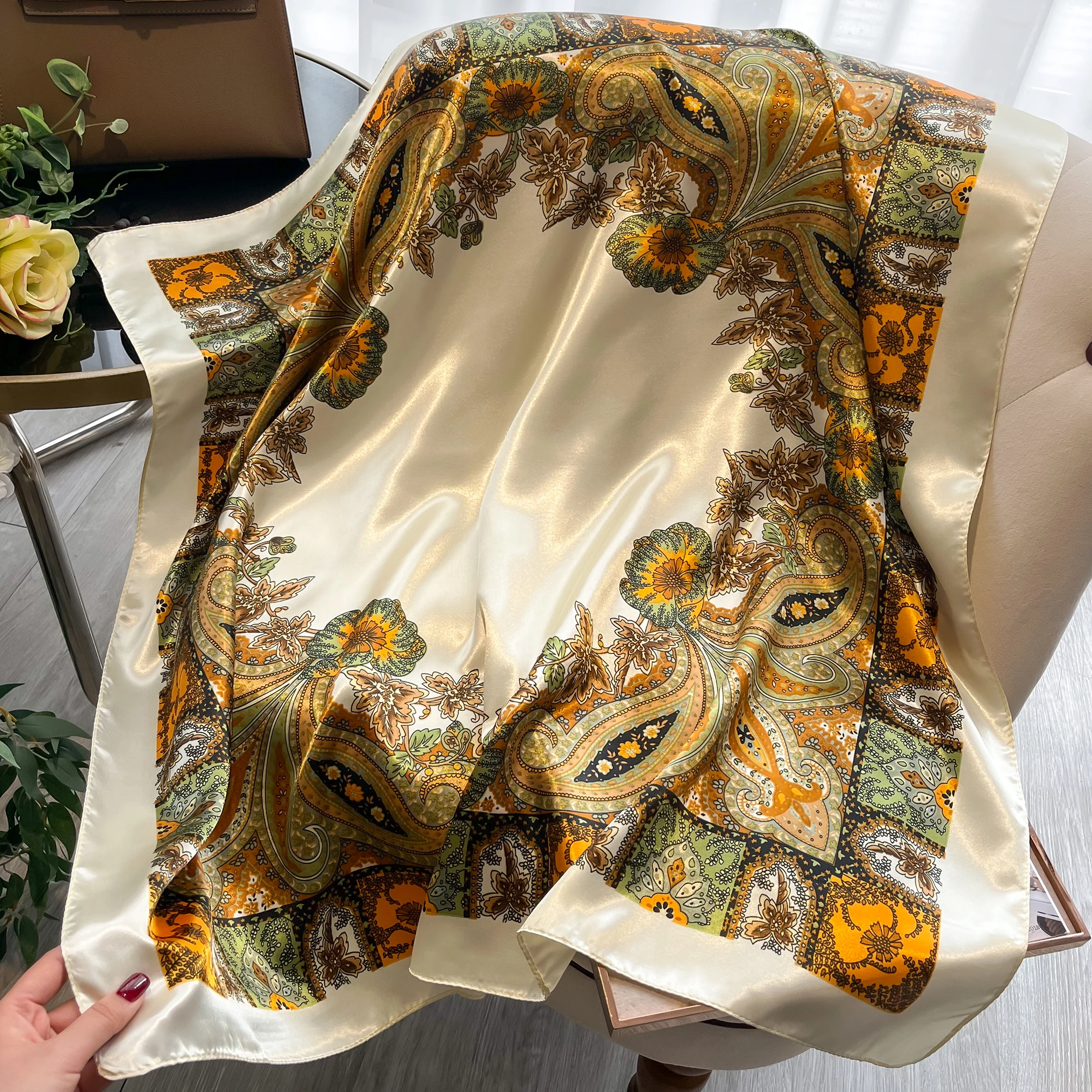 Elegant Paisley Floral Satin Square Scarf 90x90cm, Women Large Neck Shawl, Multi‑use Headscarf Bag Ornament Gift