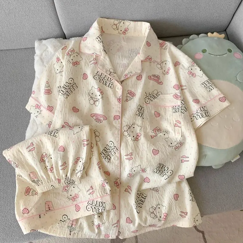 Sanrio Hello Kitty Y2K Pajamas 2 Piece Summer Lady Pyjamas Short Sleeve Shorts Sleepwear Cute Pijama Student Nightwear Home Suit