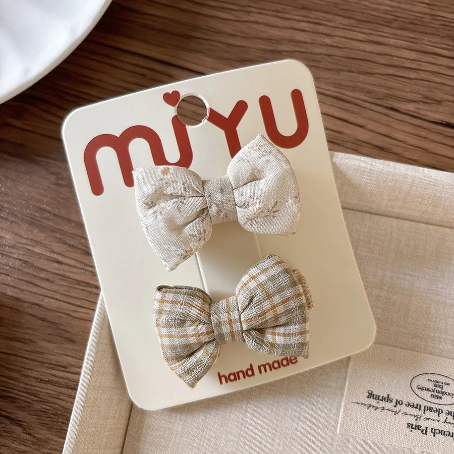 Grampos de cabelo antiderrapantes para meninas, 2 peças de tecido acolchoado com laço lateral, xadrez floral para crianças, cabelo fino e macio