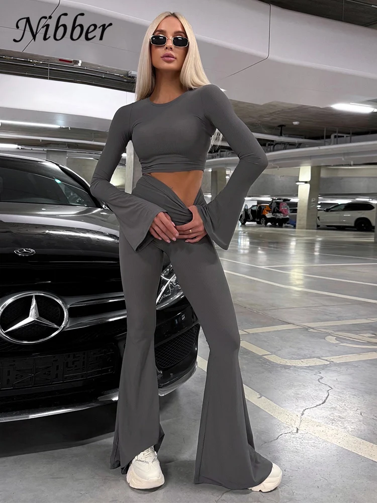 Nibber Body-Shaping Women Tracksuit 2 Piece Set Autumn Casual Sporty Crop Tops+Flare Leggings Matching Solid Stretch Streetwear