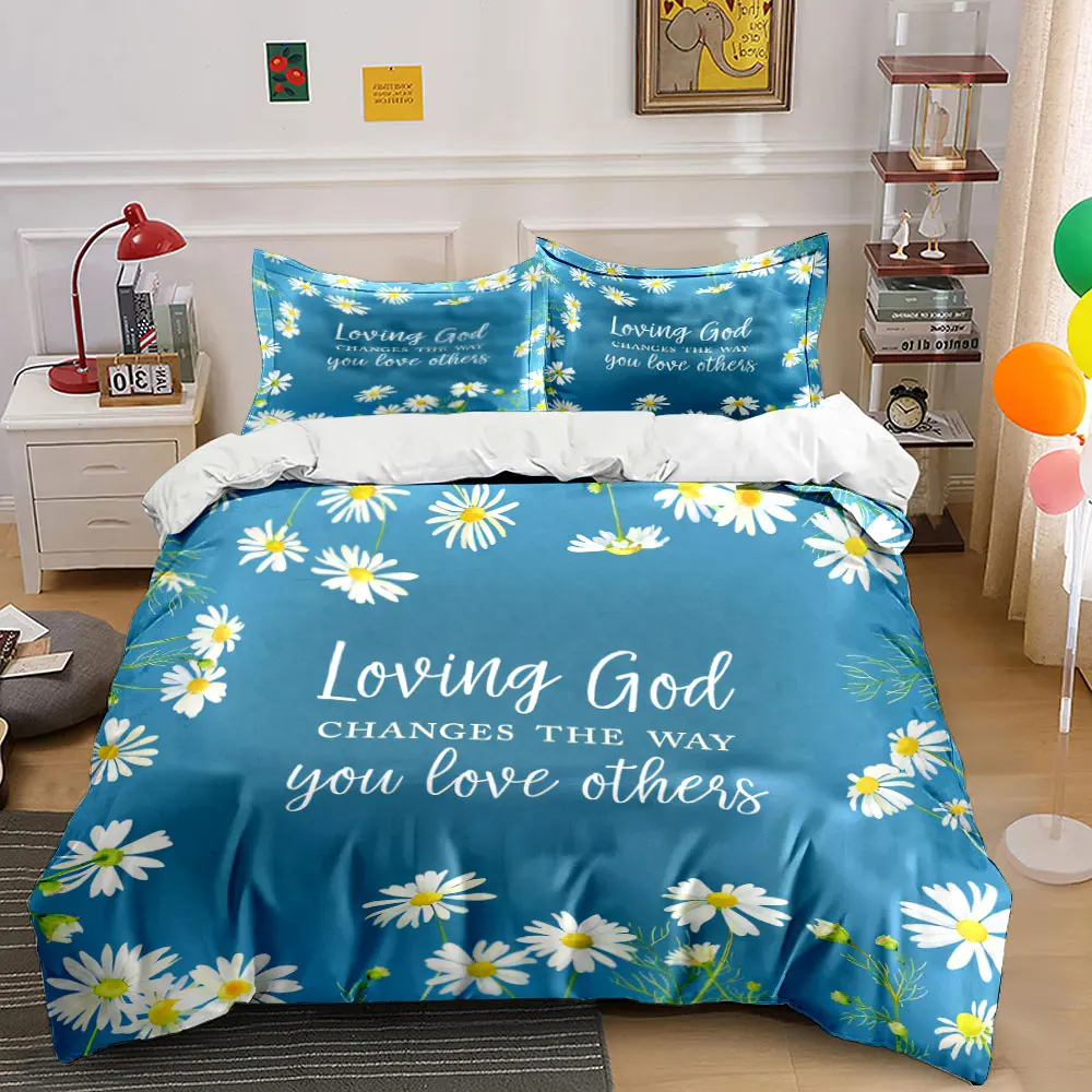 Christian Faith-Inspired Daisy Art Set for kids' and adults' bedroom decor, exquisite three-piece bedding set gift