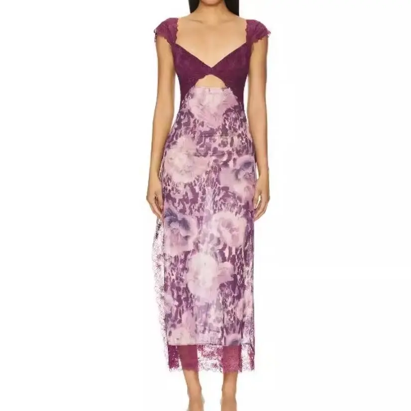 المرأة الأزهار المطبوعة المرقعة الدانتيل عارية الذراعين الصدرية الجبهة فستان طويل قطع سبليت الشاطئ عيد ميلاد مثير نادي فساتين السهرة الطرف