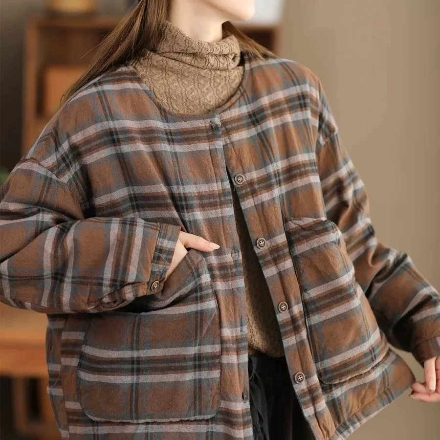 

Winter Thickened Washed Linen Cotton Plaid Jacket Women's High Collar Single Button Coat Warmth Cotton Clothing Outerwear
