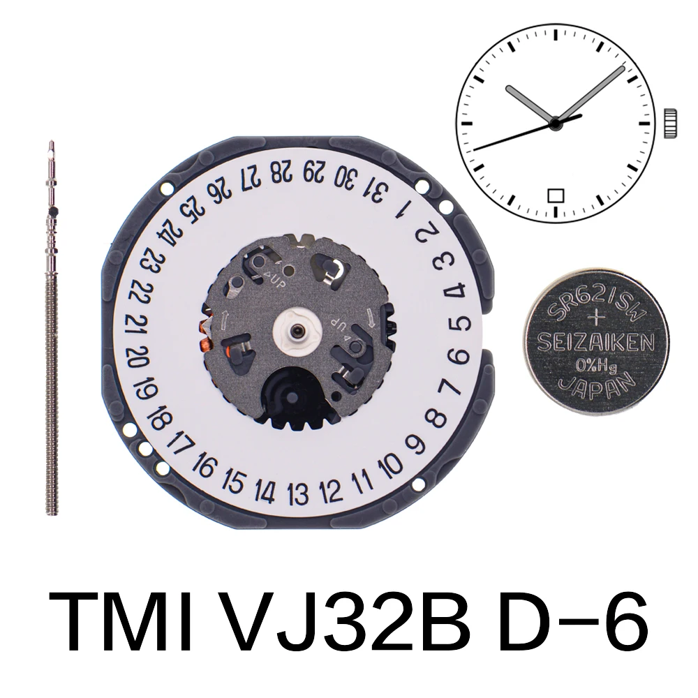 TMI-VJ32B حركة الكوارتز ، اليابانية ثلاثة الأيدي ، اكسسوارات التقويم ، إصلاح أجزاء ، القياسية مع عرض التاريخ ، VJ32B ، D-6