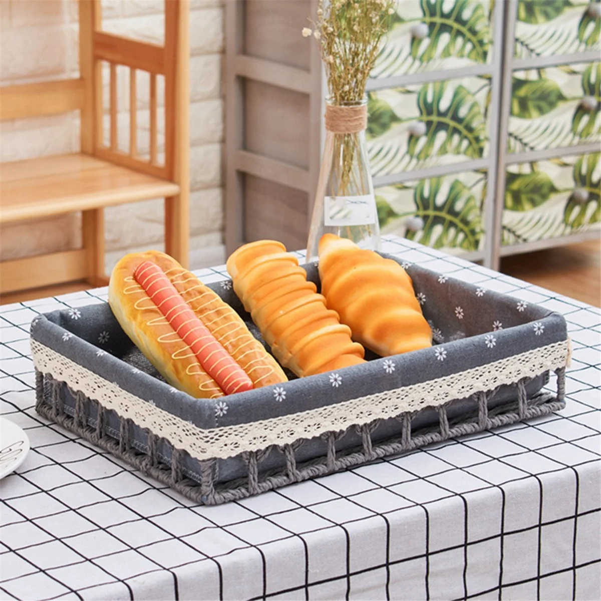 Rattan Storage Baskets Woven Basket Fruit Bread Snack Storage Tray Picnic Basket,Grey