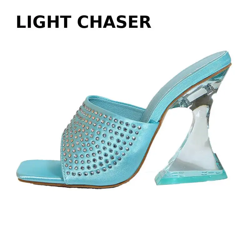 Summer High Heels Women Shoes Fashion Transparent Heels Sexy Hollow Breathable Slippers Square Toe Female High Heel Slippers