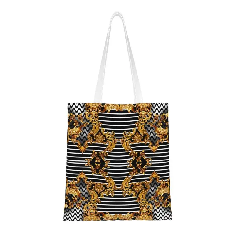 

Gold Baroque Elegance Groceries Shopping Bags Printing Canvas Shopper Shoulder Tote Bag Washable Geometric Patterns Handbag