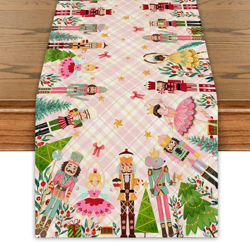 

Christmas Table Runner Pink Nutcracker Table Cover New Year Winter Xmas Decor for Home Party