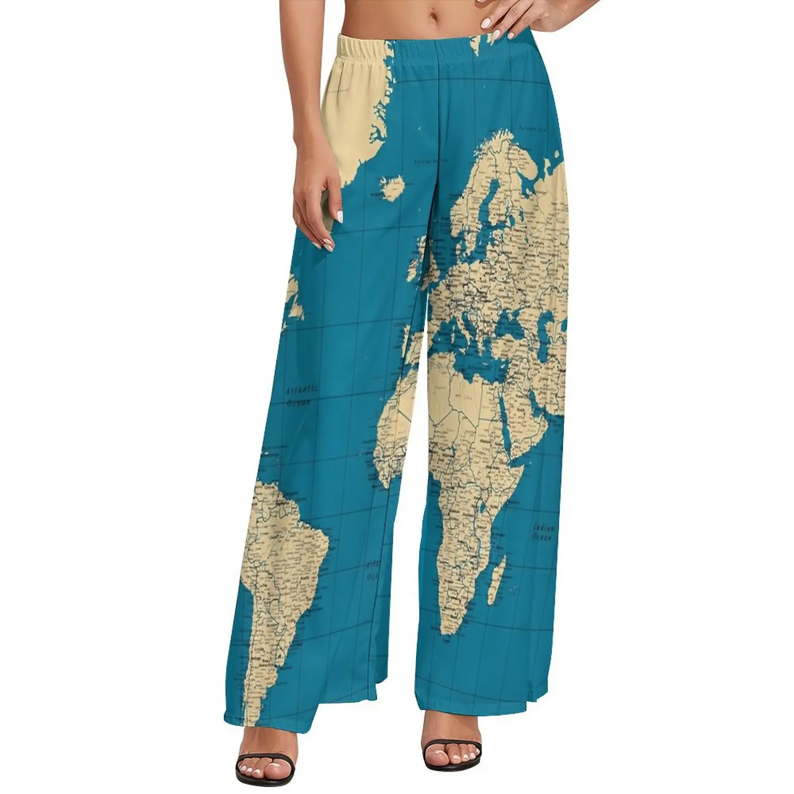 World Map Pants Cities Roads Lakes and Rivers Modern Wide Pants Women Oversized Streetwear Printed Straight Trousers