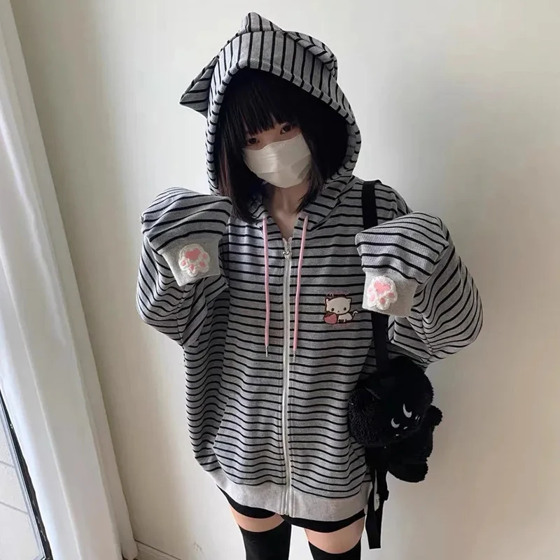 Cartoon Embroidery Women Hoodies Japanese Sweet Cute Cat Ears Striped Hooded Sweatshirts Harajuku Streetwear Loose Casual Coats