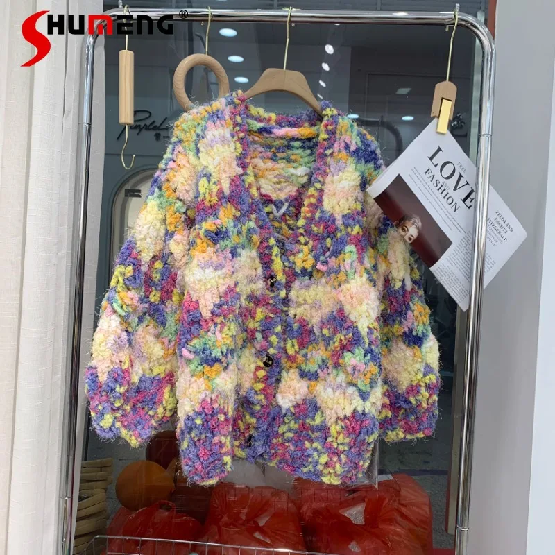 

2023 Autumn Winter Knitwear New Colorful Woolen Snow Woolen Blended Extra Thick Coarse Yarn Knitted Sweater Cardigan Coat Female