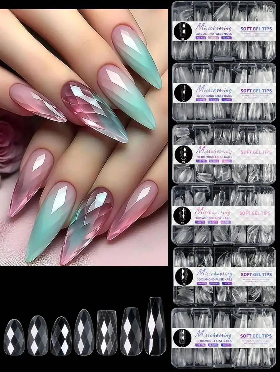 

140pcs 3D Diamond Rhombus Transparent Nail Stickers, Full Coverage Nail Art Decorations, 14 Sizes, DIY Press-On Nail Supplies