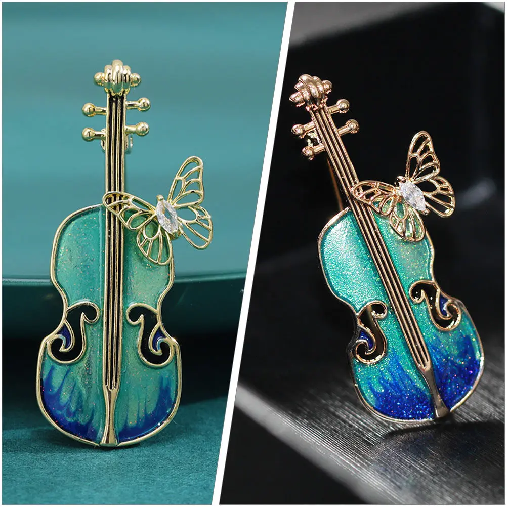 Vintage Violin Brooch for Women Alloy Lapel Pin with Butterfly Detail Scarf Hat Suit Backpack Decoration Clothing Accessory