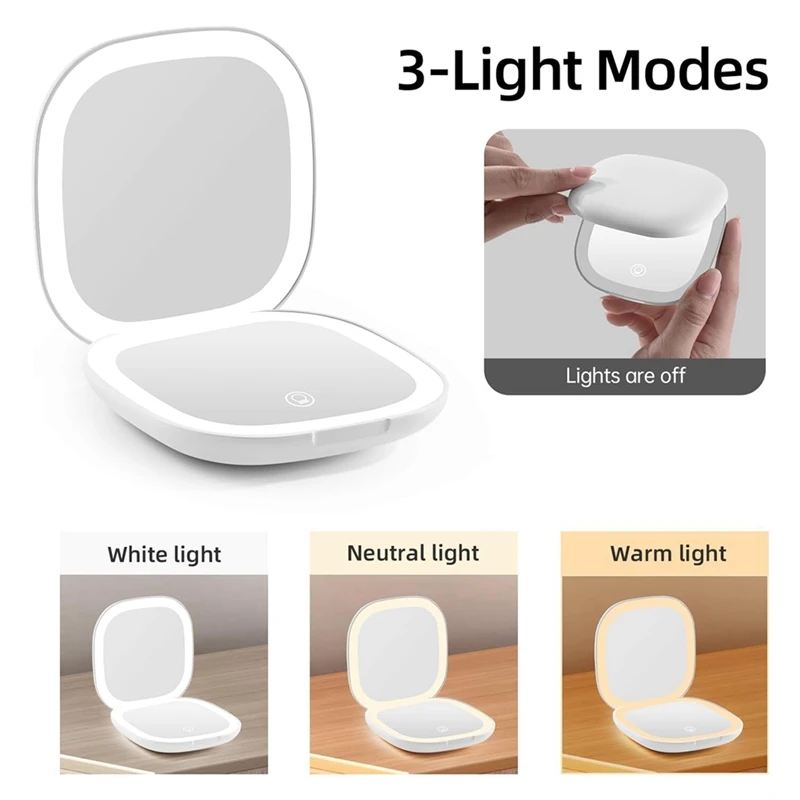 Espejo de maquillaje de bolsillo con luz LED, pantalla táctil recargable de doble cara, 3,5 pulgadas, aumento de 10X