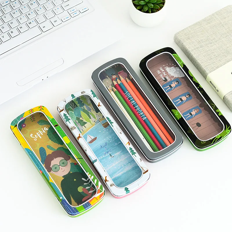 Window Opening Student Pencil Case Cute Tin Pen Box Stationery Holder Desk Organizer School Supplies Storage Accessories Forest