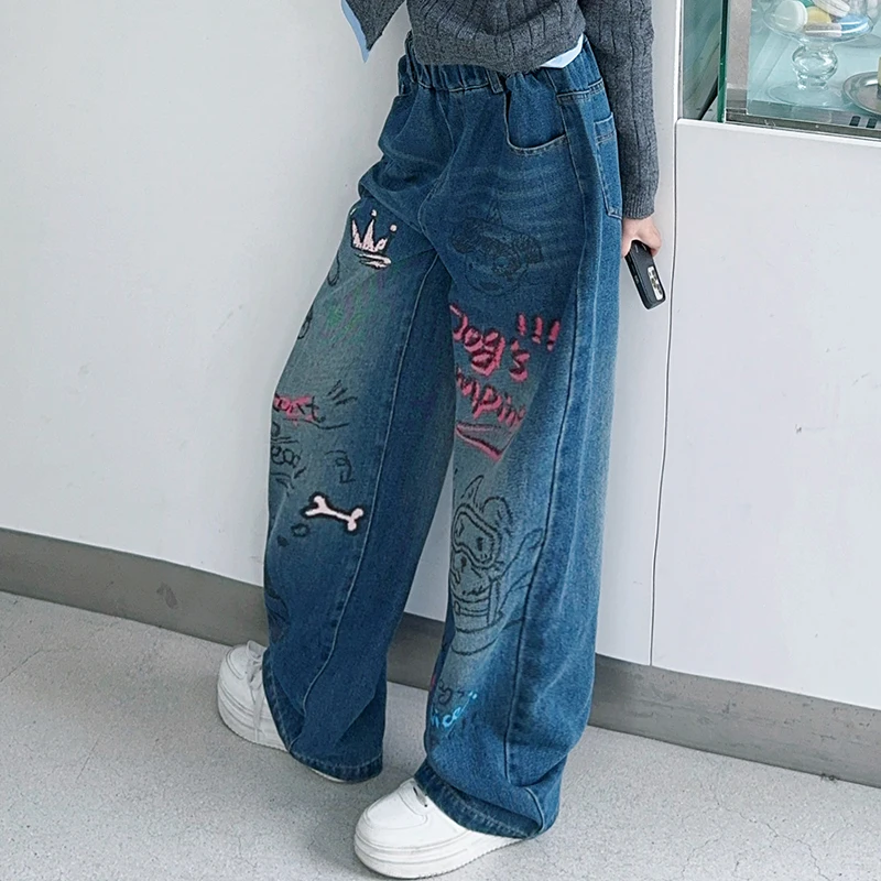 autumn teenage girls cartoon graffiti jeans junior kids casual wide leg trousers tween girls clothing 10 to 12 14 child clothes