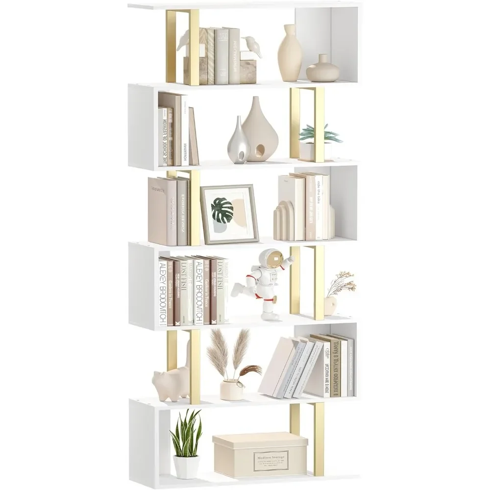 

Geometric Bookcase S Shaped Bookshelf 6-Tier Book Shelves for Bedroom Modern Wood Decorative Display Shelf Tall Book Case