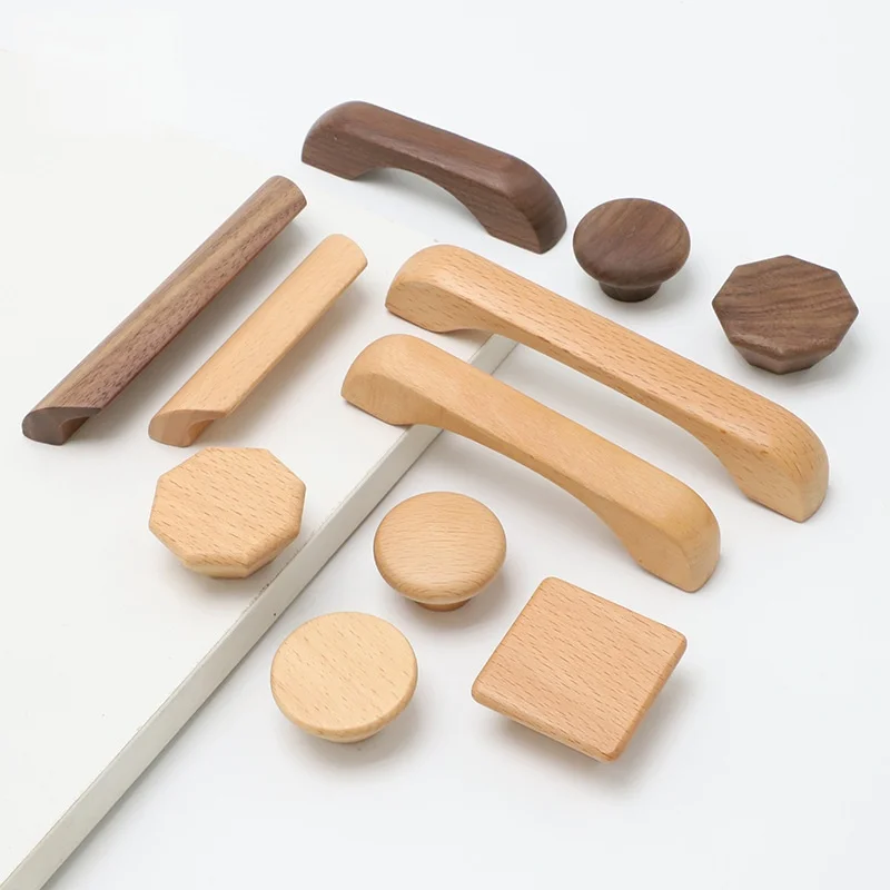 

Solid Natural Wood Cabinet Handles Beech Walnut Drawer Pulls Kitchen Cupboard Wardrobe Storage Box Furniture Knobs