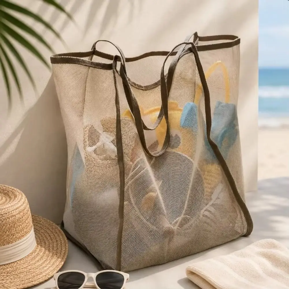 Portable INS Style Mesh Shoulder Bag Transparent Lightweight Mesh Tote Bag Large Capacity Beach Mesh Bag