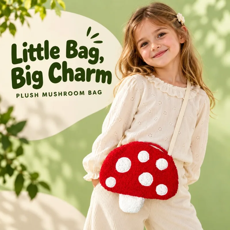 Cartoon Mushroom Girls Plush Shoulder Bags Cute Baby Kids Faux Lamb Wool Crossbody Bag Winter Boys Soft Handbags Coin Purse