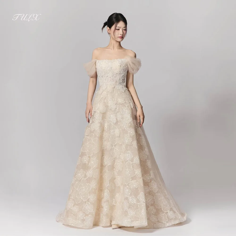 TULX Hada encaje una línea vestido de noche largo Corea sesión de fotos de boda sin tirantes mangas desmontables vestido de fiesta corsé personalizado