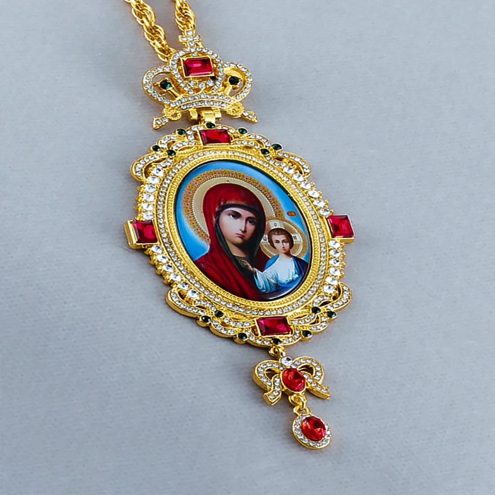 Golden Color Long Pectoral Necklace Orthodox Greek Virgin Mary Round Religious Jewelry Pendant Necklace Baptism Gift